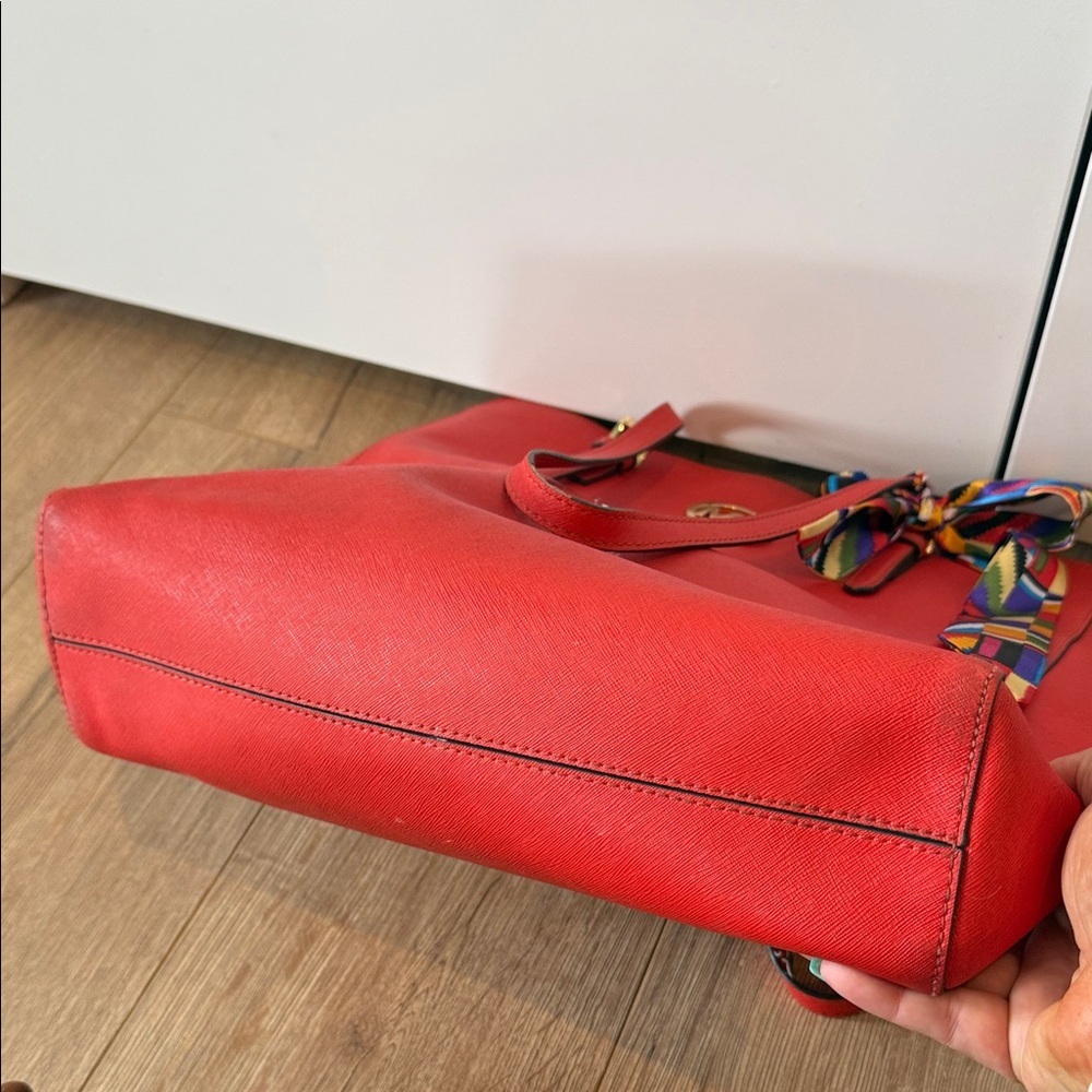 Michael Kors Red Orange tote Bag coated leather gold purse handbag MK designer - Picture 10 of 11